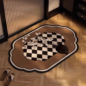 VIKAMA Vintage Wavy Lace Checkered Bath Mat Non-Slip Entryway Mat French-Style Bathroom and Entryway Home Decor
