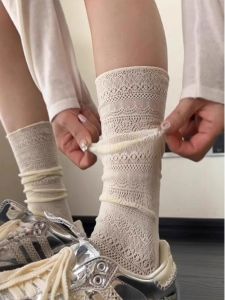 Women Hollowed Out Socks Summer Transparent Retro Flower Mesh Socks Lolita Breathable Knee Stocking JK Solid Middle Socks Girl