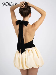Nibber Halter Backless Dress Women Bandage Knot Ballet style Sleeveless Contrast Patchwork Trend Elastic Streetwear Mini Bodycon