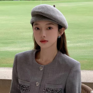 สีเทาเข้ม หลากหลาย หมวกเบเรต์ ฤดูใบไม้ร่วง ฤดูหนาว แฟชั่น สไตล์อังกฤษ หมวกศิลปิน Retro Face พรางหุ่น หมวกช้อปปิ้งเยาวชนหญิงขนาดเล็ก