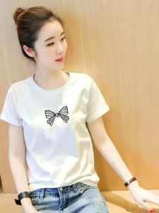 Áo Thun Cotton Tay Ngắn Mùa Hè Cho Nữ Dáng Rộng in Họa Tiết Thắt Nút Bướm Cổ Tròn Tay Thường Chất Liệu Cotton Thấm Hút Mồ Hôi