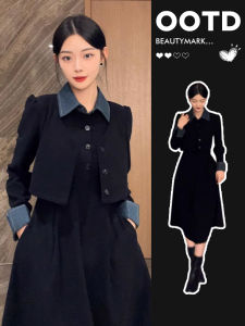 ชุดเดรสสีดำสั้นสไตล์ฮิปซี ทรงเอ กระโปรงยาวคลุมเข่า แขนยาว คอโปโล ทรงหลวม ทรงเข้ารูป สำหรับผู้หญิง ฤดูใบไม้ร่วง 2024