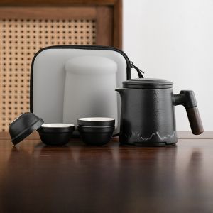 Portable Travel Tea Set Gift Outdoor Kung Fu Tea Pot Tea Cup Simple Storage Bag Camping Quick Guest Cup Retro Chinese Style Ceramic