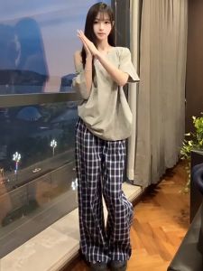 Blue Checkered Loose Fit Wide Leg Pants Women Retro Casual High Waist Trousers