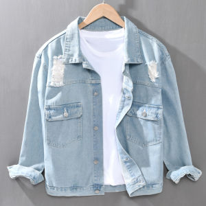 แจ็คเก็ตยีนส์ทรงหลวมสไตล์ญี่ปุ่นสำหรับผู้ชาย สไตล์ลำลอง ทรงหลวม เสื้อแจ็คเก็ตยีนส์ขาดๆ แฟชั่นฤดูใบไม้ผลิ