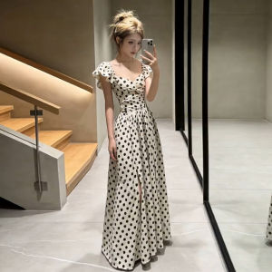 Karrar betsey | Đầm Dots Puff Tay Cổ Điển Pháp Cắt eo Kẻ Dọc Mùa Hè