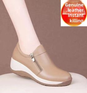 Deep Mouth Genuine Leather Single Shoes round Head Thick Heel Zipper Comfortable Womens Fashion Loafers Casual Slip-On Shoes