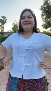 อก 48 52 56 60 64 นิ้ว เสื้อผ้าฝ้ายคอวีกระดุมมัด เสื้อพื้นเมืองคนอ้วน เสื้อพื้นเมืองผู้หญิง