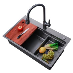 QUITE Kitchen Nano Sink Grey Household 304 Stainless Steel Sink with Drainage Rack Large Single Sink Handmade Countertop Basin