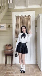 TEGAN SHIRT - Áo Sơ Mi Trắng Thiết Kế Kiểu Nữ Cổ Nhọn Tay Bồng Dài Phối Họa Tiết Smocking Tiểu Thư Kèm Vạt Nơ Soleil Đi Làm Đi Tiệc