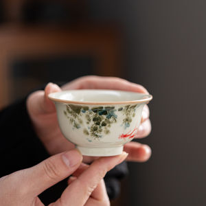 Hand-Painted Ceramic Tea Cup with Pressed Hand Chinese Style Liyu Jade Drinking Cup Wood Ash Glazed Vintage Owner Cup