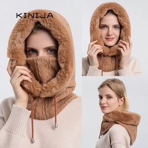 Bộ Mũ Len Giữ Ấm Mùa Đông Cho Nữ Chất Liệu Cashmere Dệt Kim Có Mũ Trùm Đầu Kiểu Balaclava Mũ Trượt Tuyết Chống Gió Dày Dặn Mềm Mại Giữ Ấm Khi Đi Ngoài Trời