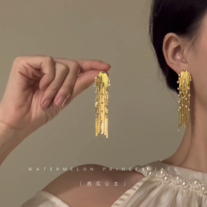Golden Long Tassel Earrings Womens Luxury Sensation Court Banquet Unique Ear Jewelry French Style Alloy Geometric Pattern