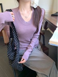 Retro Korean Style Womens Knitted Base Shirt Slim Fit V-Neck Short Sleeve Long Sleeve round Neck Regular Length Inner Wear