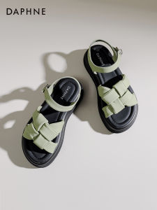 รองเท้าแตะส้นหนาสำหรับผู้หญิง Daphne รองเท้าแตะสไตล์โรมันลำลองสำหรับใส่กลางแจ้งในช่วงฤดูร้อน รองเท้าแตะแบบสวมหัวโล่ง ส้นเตี้ย พื้นยาง