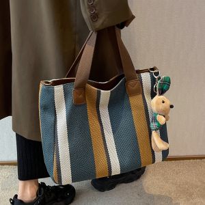 Korean Version Trendy New Fashionable Striped Canvas Bag for Girls Large Capacity Tote Bag Casual and Versatile Shoulder Bag Simple Crossbody Bag
