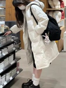 Womens down Cotton Jacket Hooded Ultra-Thick Warm Winter Coat Korean Style Mid-Length Fashionable Zipper Closure Long Sleeve