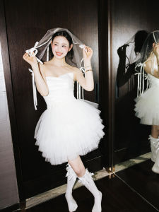 White Short Princess Dress Womens Birthday Party Mini Dress Sweet Style Midi Waist Puffy Skirt for All Occasions