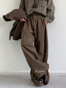 กางเกงขายาวทรงตรงสีพื้นสไตล์ญี่ปุ่นย้อนยุคสำหรับฤดูใบไม้ร่วง กางเกงขายาวลำลองสำหรับผู้ชายและผู้หญิง สีกาแฟ กางเกงขายาวสำหรับใส่ทำงาน