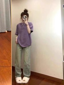 SUSHOUWANGE | Áo Thun Tay Ngắn Màu Tím Thiết Kế Cổ Điển từ Cotton cho Nữ
