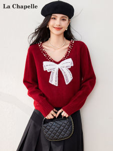 La Chapelle Womens V-Neck Knitwear Butterfly Knot Beaded Loose Fit Autumn Winter Sweater Comfortable Cotton Blend Long Sleeve