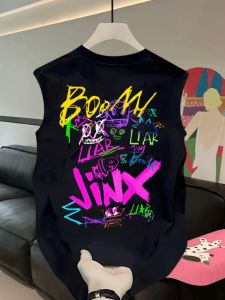 American Style Pure Cotton Sleeveless Vest T-Shirt Mens Hong Kong Style Casual Loose Summer Shoulder Top Fashionable Youth Geometry Print