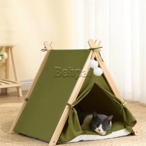 Cozy Wooden Frame Pet Tent House for Cats and Small Dogs Indoor Teepee Bed with Soft Cushion Breathable Canvas
