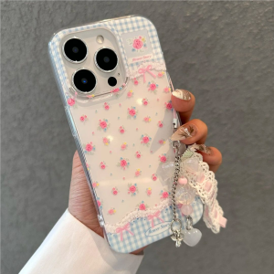 Ins Style Floral Butterfly Knot Phone Case for Women Grid Pattern Protective Soft Shell Compatible with  16/15/14/13/12/11 pro Max