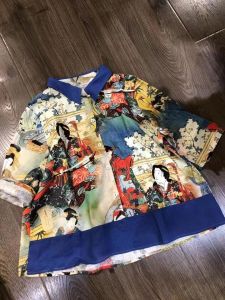 Retro Chinese Style Printed Linen Collar Shirt Polo Neck Button Placket Splice Design Womens Business Casual Shirt