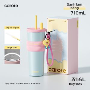 CAROTE | Ly Nước Cách Nhiệt Dung Tích Lớn Kèm Ống Hút Và Charm Phối Màu Pastel
