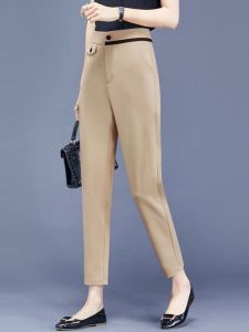 Business Casual Straight Leg Suit Pants Women's High Waist Nine Points Nylon Spandex Polyester Blend Black Professional Trousers