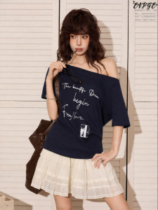 EVPGB | American Streetwear Blue Off-Shoulder Short Sleeve T-Shirt Loose & Slimming Design