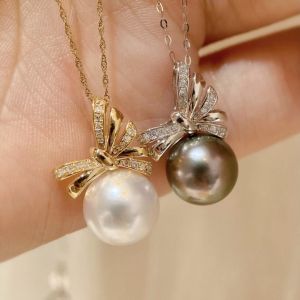 Montagne Jewelry 18k Pure Gold Pendant Diamond Inset Bowknot Design Fine Jewellery Natural 10-11mm Pearl Pendant Necklace