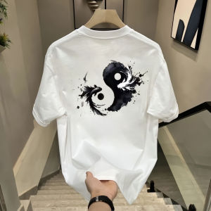 Summer Chinese Style Tai Chi Fish Mens High End Pure Cotton Short Sleeve T-Shirt American Casual Loose Top Youth Fashion