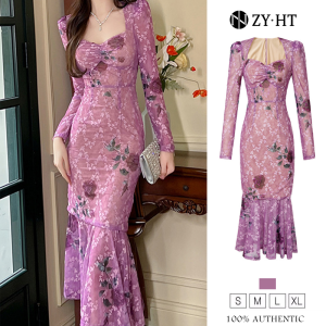 ZY.HT EraVogue Womens Dresses Purple Dresses Long Sleeve Dresses Fishtail Dresses Mesh Dresses High Society Dresses Vintage Dresses Party Dresses French Dresses 20808