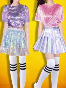 Shiny Dance Performance Outfit Short Sleeve Sparkling Stage Costume for Womens Group Jazz Dance Show Summer Fashionable