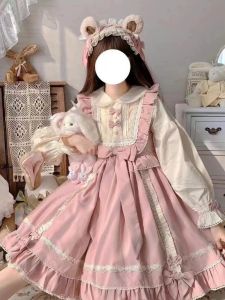 Original Autumn Winter Lolita Skirt Sweet Cute Princess Dress Big Kids Fake Two-Piece Set Color Block Pink Doll Collar A-Line Skirt