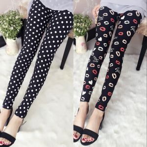 Spring Autumn Womens Printed Elastic Bottoms Pants Outwear Graffiti Lip Star Dots Long Trousers Polyester Spandex Blend
