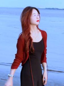 Áo Len Dệt Kim Lụa Đỏ Cho Nữ Mùa Hè Mỏng Che Nắng Áo Khoác Ngoài Váy Dây Áo Khoác Cardigan Áo Khoác Ngoài Bằng Vải Polyester Thường Ngày