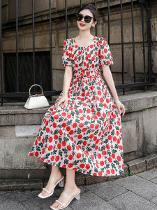 French Style Printed Long Dress Womens High Waist Knee-Length Maxi Skirt Bubble Sleeve Soft Cotton Spring Summer Autumn Dress