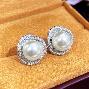 Huitan Sparkling Cubic Zirconia Imitation Pearl Stud Earrings for Women Silver Color Temperament Ear Accessory Hot Jewelry