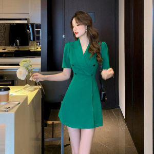 ชุด2ชิ้นแฟชั่นผู้หญิงสไตล์เกาหลีมีปกแบบเรียบเสื้อทีเชิ้ตทูนิคแบบมีแขนฟองทรงเอชุดมินิเดรสแบบผ่าพร้อมกางเกงขาสั้นกางเกงเลกกิ้งขาบาน