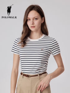 POLOWALK Slim Fit Striped Short Sleeve T-Shirt round Neck Casual Style Womens Summer New Fashion Top Casual Wind Cotton Blend
