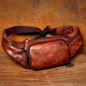Slow Time Vintage Hand-Rub Color Genuine Leather Chest Bag Casual Mens Crossbody Bag First Layer Vegetable Tanning Leather Waist Bag Multifunctional