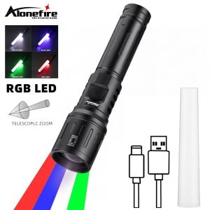 Zoom 4-Colour light White/Red/Green/Blue LED Flashlight USB rechargeable Fishing Camping Hunting Photography Selfie Hiking Torch