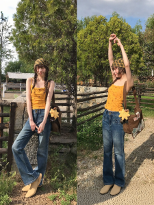 NIHAOKANONG | Quần Jeans Xòe Vintage Đường Phố Có túi nơ