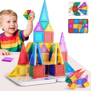 ตัวต่อแม่เหล็ก 56 ชิ้น ของเล่นเดินทางสำหรับเด็ก ชุดตัวต่อแม่เหล็กขนาดเล็กพร้อมกล่องเหล็ก เกมแม่เหล็ก ของขวัญวันคริสต์มาสและวันเกิด