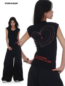 American Style Heart Embroidery Shoulder Length Short Sleeve T-Shirt Womens Slim Fit Fashionable Retro Hip Hop Versatile T-Shirt