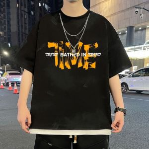 Summer American Hong Kong Style Short Sleeve Loose Fit round Neck T-Shirt for Teenage Boys Breathable Comfortable Fashionable Casual Top