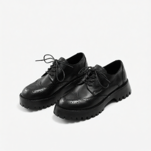 MIOLLIBARN | Black Vintage Brogue Round Toe Thick Sole Leather Shoes